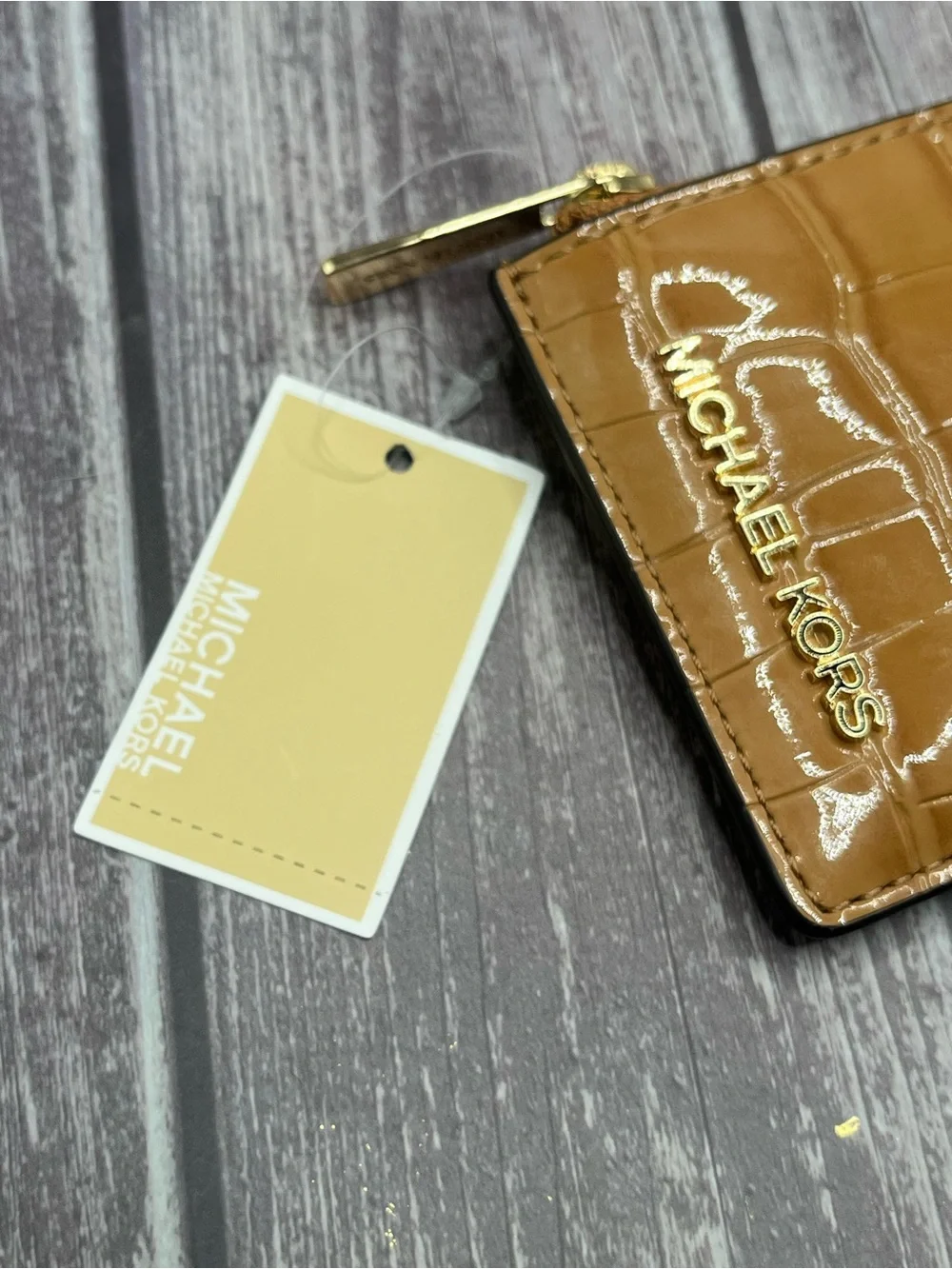NWT MICHAEL KORS Jet Set Travel Croc Leather Zip Card Case Wallet - Camel/ Deer